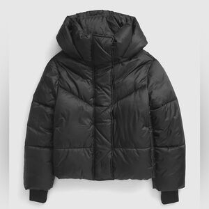 GAP Black Big Puff Crop Hooded Puffer Jacket Coat M Primaloft Water Resistant